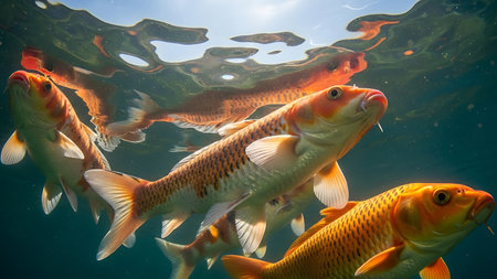Koi fish swimming in the pond, Koi carp in the pondの素材