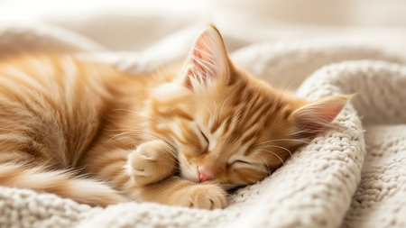 Cute ginger kitten sleeping on knitted plaid, closeupの素材