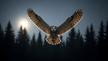 Owl flying in the sky over the forest. 3d renderingの素材