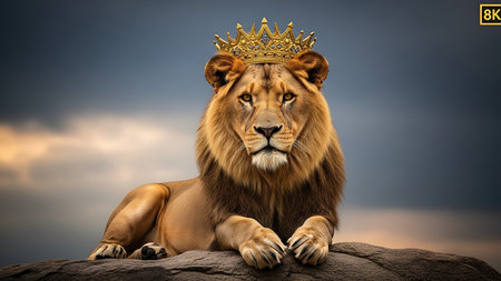 Lion king with golden crown on his head. 3D renderingの素材