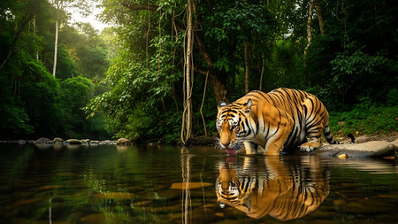 Tiger drinking water in a natural pond in the rainforest.の素材