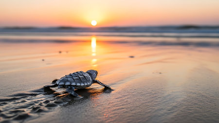 Little baby turtle on the beach at sunset, soft focus background.の素材