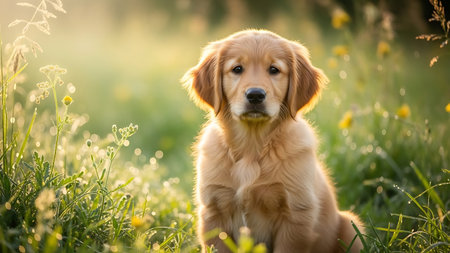 Cute Golden Retriever puppy sitting in the grass on a sunny dayの素材