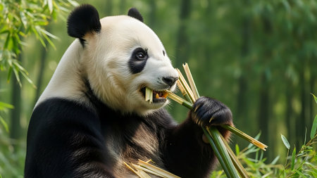 a giant panda in the bamboo forest eating bamboo shoot close upの素材