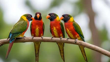 Three parrots sitting on a perch in the rainforest.の素材