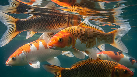 Koi fish swimming in the pond, closeup of photo.の素材