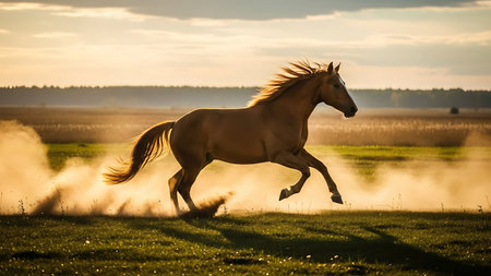 Horse galloping on the meadow in the rays of the setting sunの素材