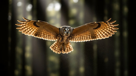 Owl flying in the air in the forest. 3d renderingの素材