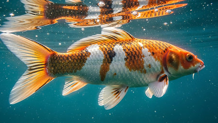 Colorful koi fish swimming in the deep blue sea water.の素材