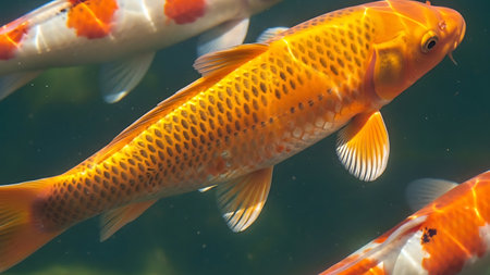 Koi fish swimming in the pond. Shallow depth of field.の素材
