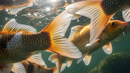 Goldfish swimming in the water. Close-up of goldfish.の素材