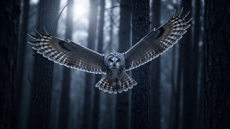 Eagle Owl flying in the dark forest. 3D rendering.の素材