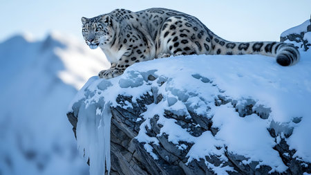 Snow leopard on a rock in the snow. Panthera unciaの素材