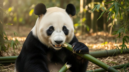 Panda bear eating bamboo in the forest, Chengdu, Chinaの素材