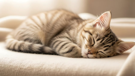 Cute tabby bengal kitten sleeping on sofa at homeの素材