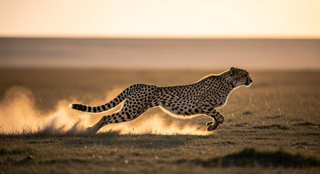 Cheetah running in the sunset, Masai Mara National Park, Kenyaの素材
