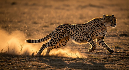 Cheetah running towards camera in early morning light, South Africaの素材