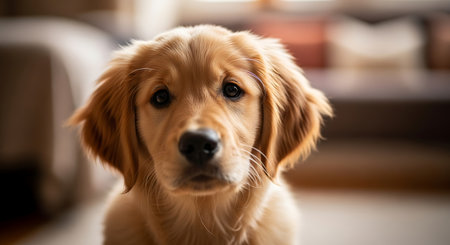 Cute Golden Retriever puppy looking at the camera in the living roomの素材
