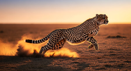 Cheetah running on sand in sunset light, Masai Mara, Kenyaの素材