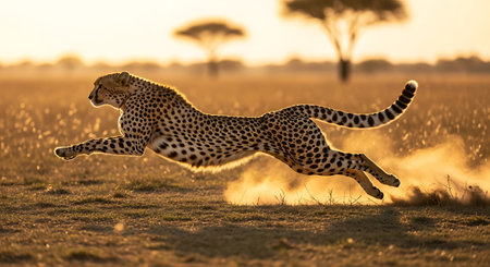 Cheetah running in the sunset, Maasai Mara National Park, Kenyaの素材