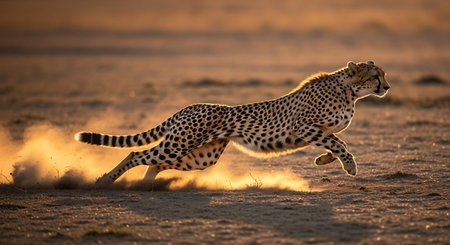 Cheetah running in the sunset light, Maasai Mara National Park, Kenyaの素材