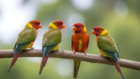 Three Sun Conure parrots sitting on a branch in the natureの素材