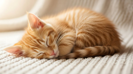 Cute ginger kitten sleeping on bed, closeup. Fluffy petの素材