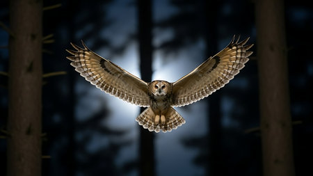 Tawny Owl flying in the dark forest at night with moonlightの素材