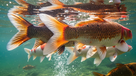 Koi fish swimming in the water. Koi fish swimming in the water.の素材