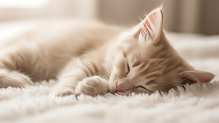 Cute little kitten sleeping on the bed at home, closeupの素材