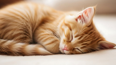 Cute ginger kitten sleeping on sofa at home. Fluffy pet.の素材