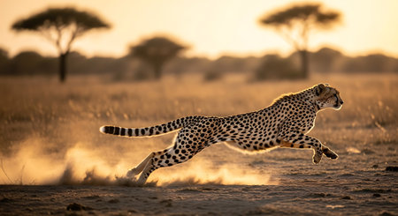 Cheetah running in the sunset, Serengeti National Park, Tanzaniaの素材