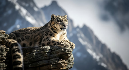 Snow leopard lying on a rock in Himalayas, Nepalの素材
