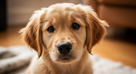 Cute Golden Retriever puppy on carpet at home, closeupの素材