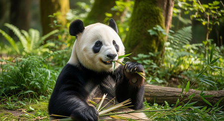 Giant panda eating bamboo in the forest, Chengdu, Chinaの素材