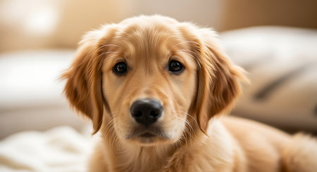 Cute Golden Retriever puppy lying on the bed at homeの素材