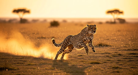 Cheetah running in the morning light in Serengeti National Park, Tanzaniaの素材