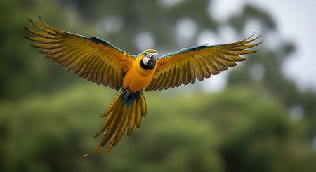beautiful Scarlet macaw flying in the forest (Ara ararauna)の素材