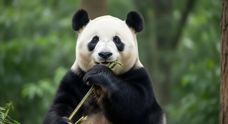 A giant panda in the zoo is eating bamboo. China.の素材