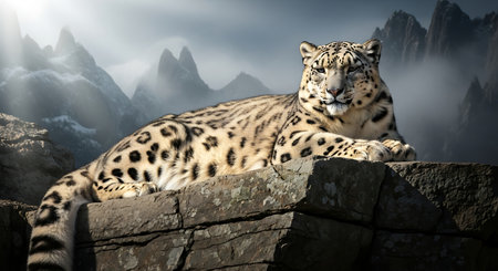 Snow leopard resting on a stone wall in the mountains. 3d renderingの素材