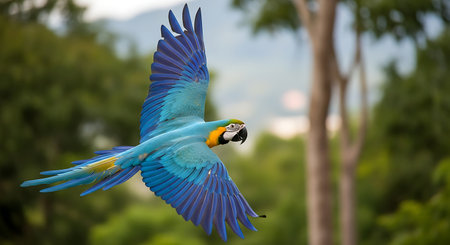 Blue-and-yellow macaw (Ara ararauna) in flightの素材