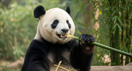 Giant panda eating bamboo in Chengdu, China. Giant panda (Ailuropoda melanoleuca).の素材