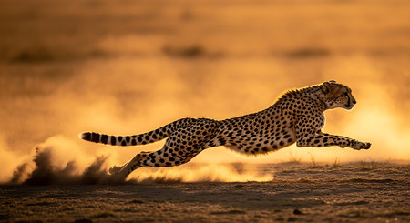 Cheetah running on dust in sunset, Masai Mara, Kenyaの素材
