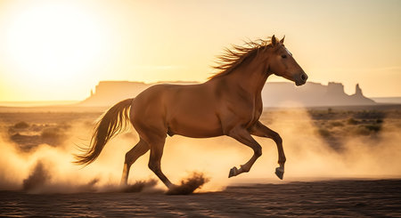 Beautiful Horse Running in the Desert at Sunset, Utah, USAの素材