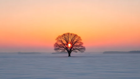Lonely tree in the snowy field at sunset. Beautiful winter landscape.の素材