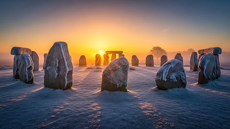 Sunrise over the stonehenge in Holland, Holland, Netherlandsの素材