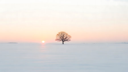 Lonely tree on a frozen lake at sunrise in winter.の素材
