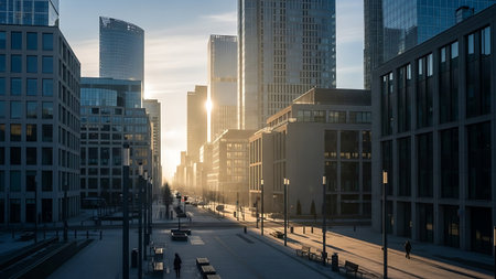 Canary Wharf business district at sunsetの素材