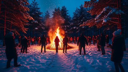A group of people on the background of a bonfire in the winter forest.の素材