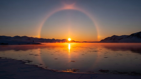 Sunrise in the arctic circle. The sun is reflected in the water.の素材